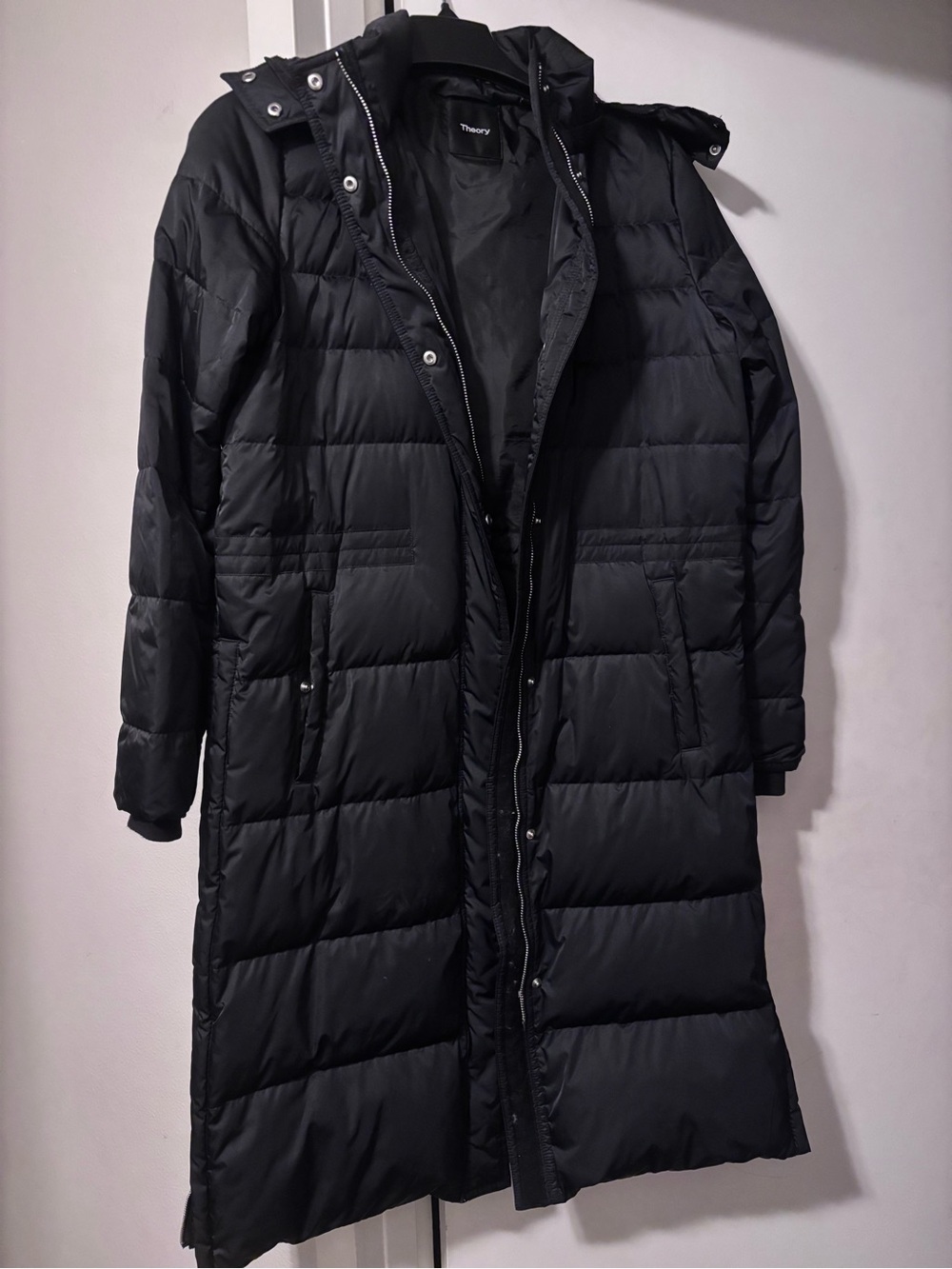 Theory Black Long Quilted Puffer Coat with Hood